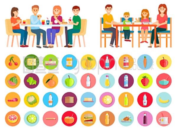 在家里吃飯的家庭。兩張照片,健康的家庭食品和不健康的垃圾食品。母親和父親,女兒和兒子一起吃飯。單獨的產品圖標。平面的矢量插圖。家庭吃垃圾食品和健康食品,產品圖標