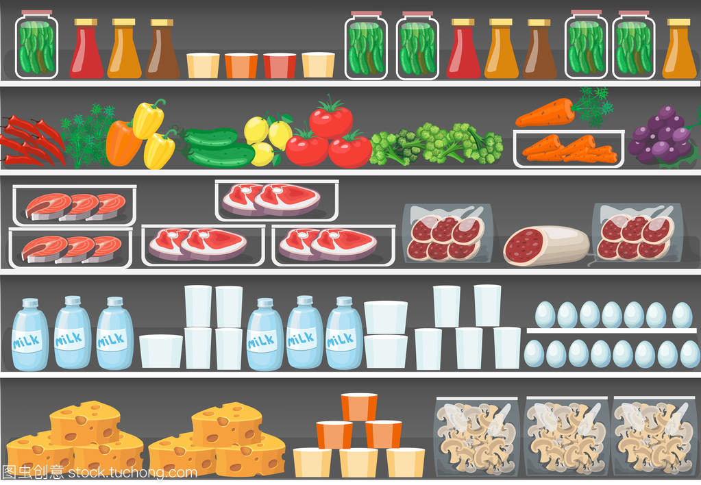 貨架上的產品。矢量食品超市